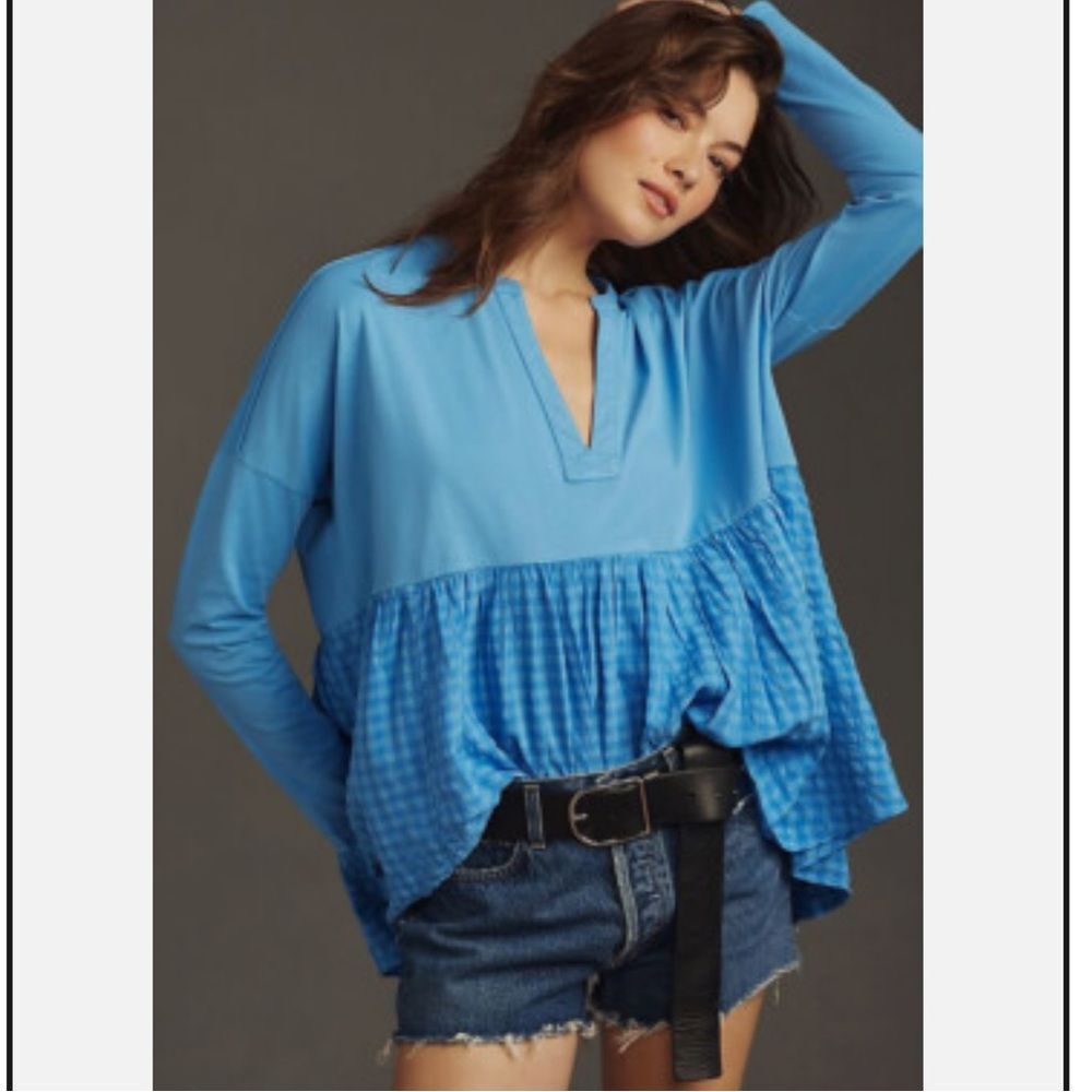 Pilcro Anthropologie Light Blue Gingham Ruffle Babydoll Tunic Top Size S